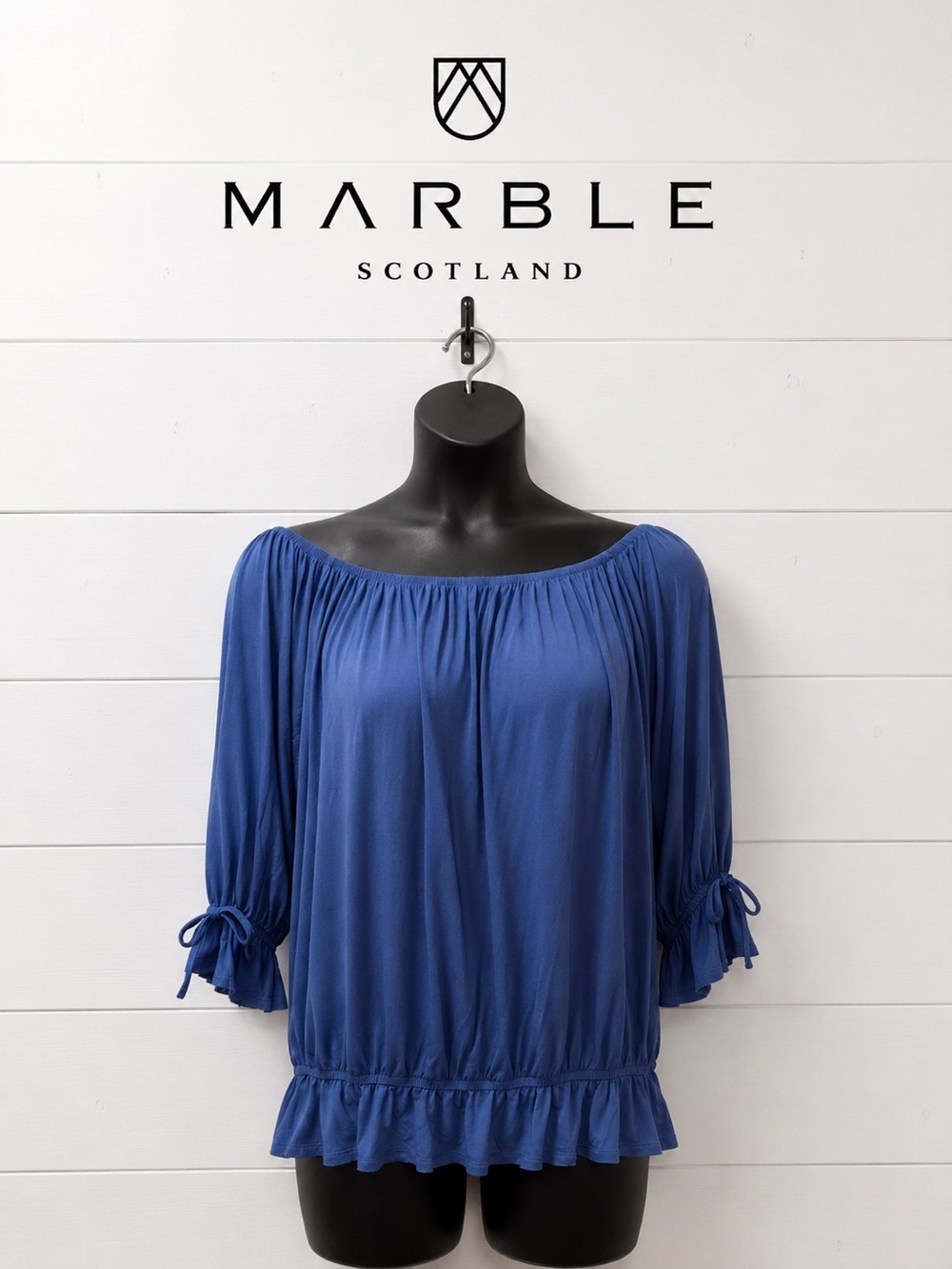 Marble Off-the-Shoulder Peasant Blouse – Blue – Size XL